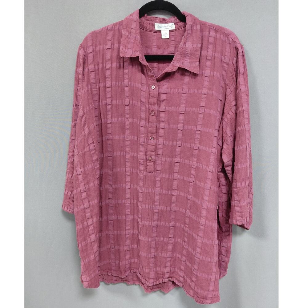 Coldwater Creek Pink Plaid 3/4 Sleeve Blouse Woven Collared Women Size 1X